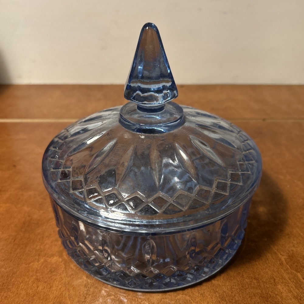Vintage 1960s INDIANA GLASS Lidded Candy Dish Ice Blue Mid Century Retro Diamond